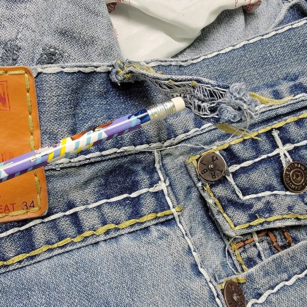 True Religion‎ Ricky Super T Jeans Mens 37x33 Blue Distressed Denim Made USA